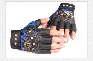 Planet Gates Blue / One Size Skulls Rivet PU Leather Fingerless Gloves Men Women Fashion Hip Hop Women's Gym Gloves Half Finger Men's Gloves