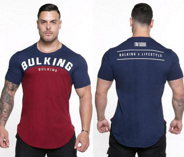 Men Summer Gyms Fitness Workout Bodybuilding T-shirt Short Sleeve Cotton T Shirt Male Casual Fashion Patchwork Tee Tops Clothing