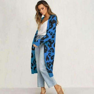 Planet Gates Blue / S Autumn Winter Leopard Print Knitted Long Cardigan Women 2018 Casual Style Pocket Open Stitch Sweater Tops Outwear Jumper