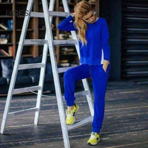 Planet Gates blue / S Autumn Winter Women Cotton Tracksuit 2 Piece Set Clothing Solid Sportswear Suit Woman Irregular Hoodies Set Costumes