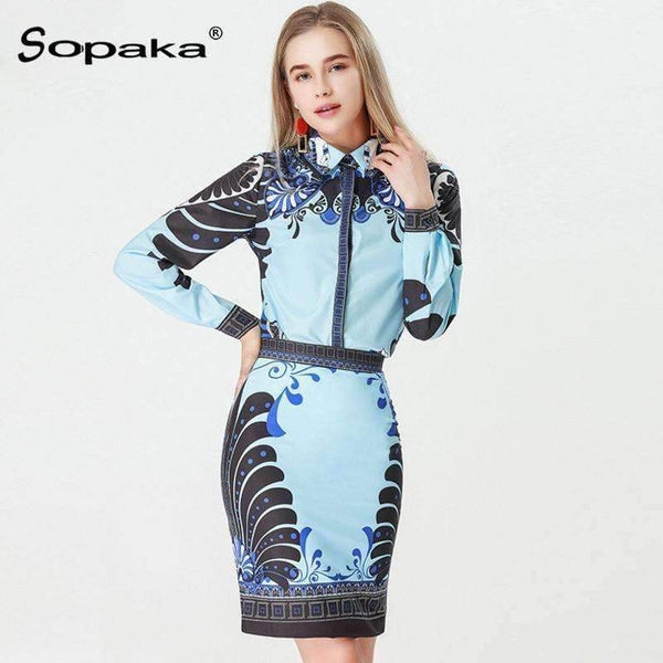Planet Gates Blue / S Autumn Women Set Light Blue and Black Patchwork Floral Geometric Print Shirt Tops + Skirt Vintage Design 2 Two Piece Set