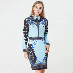 Planet Gates Blue / S Autumn Women Set Light Blue and Black Patchwork Floral Geometric Print Shirt Tops + Skirt Vintage Design 2 Two Piece Set