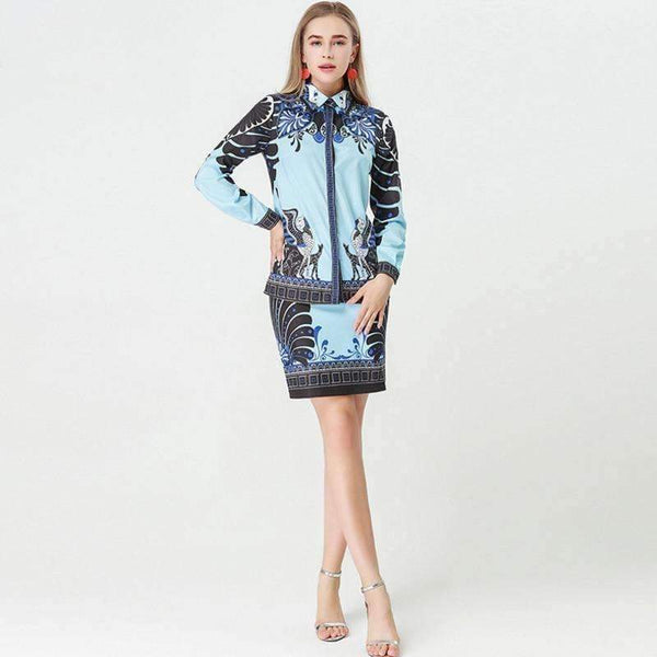 Planet Gates Blue / S Autumn Women Set Light Blue and Black Patchwork Floral Geometric Print Shirt Tops + Skirt Vintage Design 2 Two Piece Set