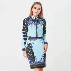 Planet Gates Blue / S Autumn Women Set Light Blue and Black Patchwork Floral Geometric Print Shirt Tops + Skirt Vintage Design 2 Two Piece Set