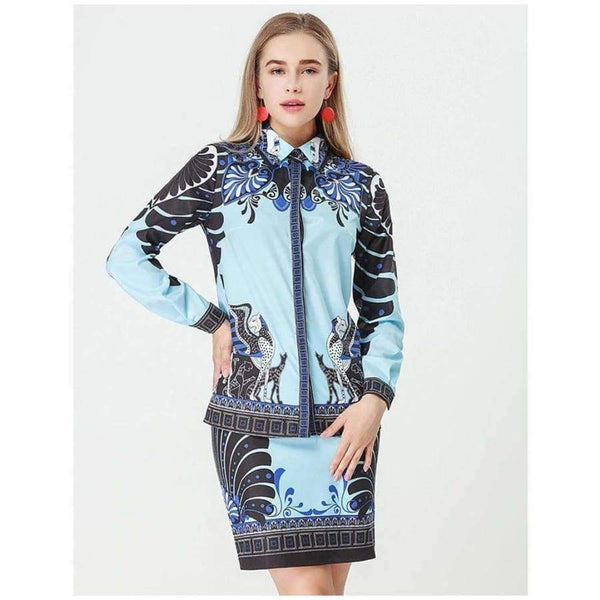 Planet Gates Blue / S Autumn Women Set Light Blue and Black Patchwork Floral Geometric Print Shirt Tops + Skirt Vintage Design 2 Two Piece Set