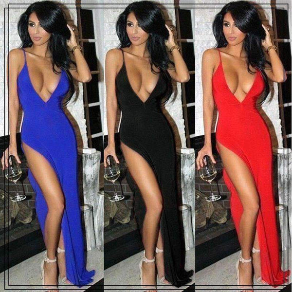 Planet Gates Blue / S Elegant Solid Maxi Dress Sleeveles Party Dress Evening Club Bodycon Sundress Clubwear High Slit Deep V Neck Sexy