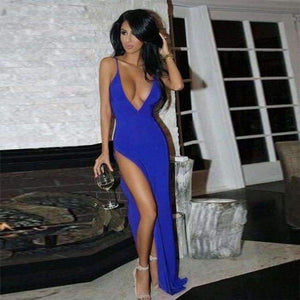 Planet Gates Blue / S Elegant Solid Maxi Dress Sleeveles Party Dress Evening Club Bodycon Sundress Clubwear High Slit Deep V Neck Sexy