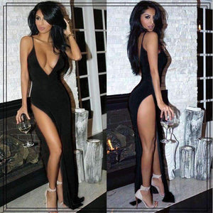 Planet Gates Blue / S Elegant Solid Maxi Dress Sleeveles Party Dress Evening Club Bodycon Sundress Clubwear High Slit Deep V Neck Sexy