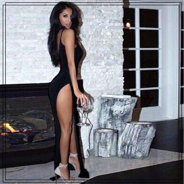 Planet Gates Blue / S Elegant Solid Maxi Dress Sleeveles Party Dress Evening Club Bodycon Sundress Clubwear High Slit Deep V Neck Sexy