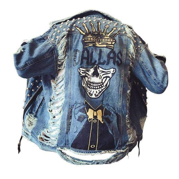 Planet Gates Blue / S Handmade Beading Pearl Jacket Rips Detail Boyfriend Denim Jacket Hip Hop Harajuku Denim Jacket Printed Woman Long Sleeve Coat
