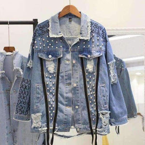 Planet Gates Blue / S Handmade Beading Pearl Jacket Rips Detail Boyfriend Denim Jacket Hip Hop Harajuku Denim Jacket Printed Woman Long Sleeve Coat