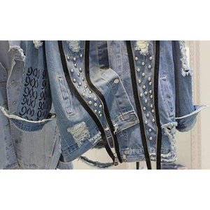 Planet Gates Blue / S Handmade Beading Pearl Jacket Rips Detail Boyfriend Denim Jacket Hip Hop Harajuku Denim Jacket Printed Woman Long Sleeve Coat