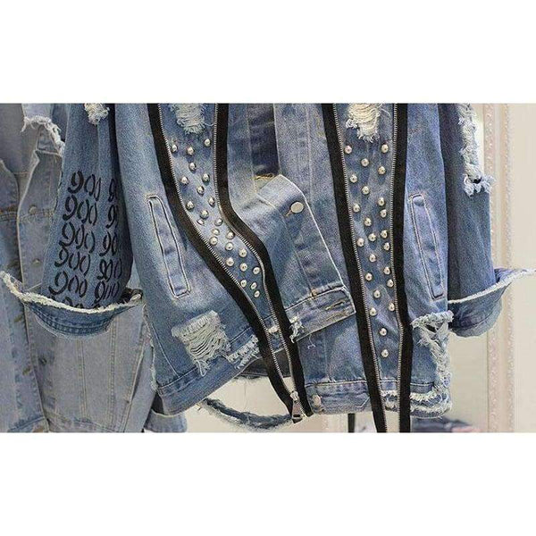 Planet Gates Blue / S Handmade Beading Pearl Jacket Rips Detail Boyfriend Denim Jacket Hip Hop Harajuku Denim Jacket Printed Woman Long Sleeve Coat