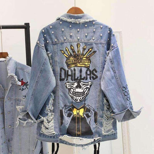 Planet Gates Blue / S Handmade Beading Pearl Jacket Rips Detail Boyfriend Denim Jacket Hip Hop Harajuku Denim Jacket Printed Woman Long Sleeve Coat