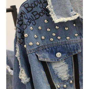 Planet Gates Blue / S Handmade Beading Pearl Jacket Rips Detail Boyfriend Denim Jacket Hip Hop Harajuku Denim Jacket Printed Woman Long Sleeve Coat