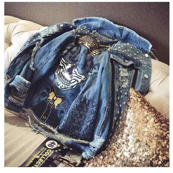Planet Gates Blue / S Handmade Beading Pearl Jacket Rips Detail Boyfriend Denim Jacket Hip Hop Harajuku Denim Jacket Printed Woman Long Sleeve Coat