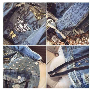 Planet Gates Blue / S Handmade Beading Pearl Jacket Rips Detail Boyfriend Denim Jacket Hip Hop Harajuku Denim Jacket Printed Woman Long Sleeve Coat