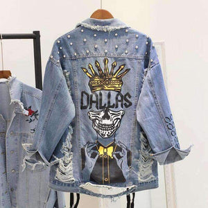 Planet Gates Blue / S Handmade Beading Pearl Jacket Rips Detail Boyfriend Denim Jacket Hip Hop Harajuku Denim Jacket Printed Woman Long Sleeve Coat