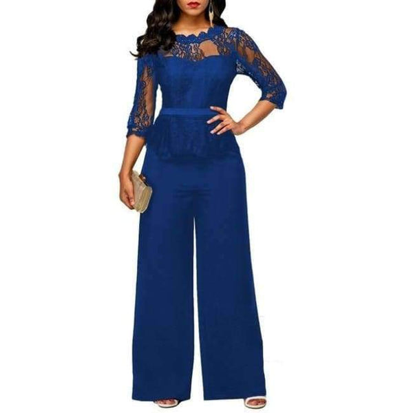 Planet Gates blue / S Jumpsuits for women Sexy High Waist Palazzo 3/4 Sleeve One Piece Lace Peplum Jumpsuit With Long Wide Leg Pant Three Quarter
