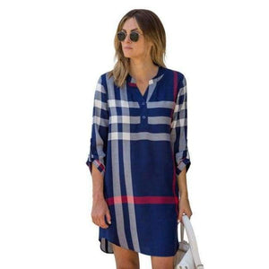 Planet Gates Blue / S M-anxiu Women's Western Style Autumn New Plaid Print Three Quarter V-neck Long-sleeved Temperament Generous Casual Dress