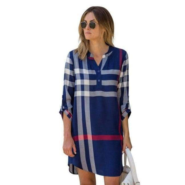 Planet Gates Blue / S M-anxiu Women's Western Style Autumn New Plaid Print Three Quarter V-neck Long-sleeved Temperament Generous Casual Dress
