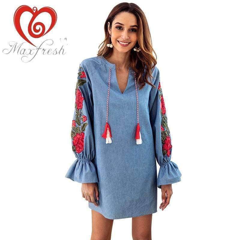 Planet Gates Blue / S Maxfresh   Autumn  V-neck Cowboy Blue Rope Embroidered Lantern Long Sleeved And Loose Dress