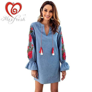 Planet Gates Blue / S Maxfresh   Autumn  V-neck Cowboy Blue Rope Embroidered Lantern Long Sleeved And Loose Dress