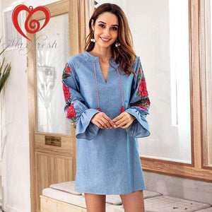 Planet Gates Blue / S Maxfresh   Autumn  V-neck Cowboy Blue Rope Embroidered Lantern Long Sleeved And Loose Dress