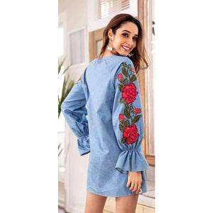 Planet Gates Blue / S Maxfresh   Autumn  V-neck Cowboy Blue Rope Embroidered Lantern Long Sleeved And Loose Dress