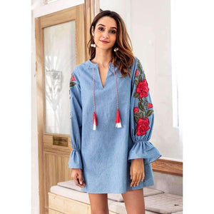 Planet Gates Blue / S Maxfresh   Autumn  V-neck Cowboy Blue Rope Embroidered Lantern Long Sleeved And Loose Dress