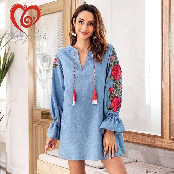 Planet Gates Blue / S Maxfresh   Autumn  V-neck Cowboy Blue Rope Embroidered Lantern Long Sleeved And Loose Dress