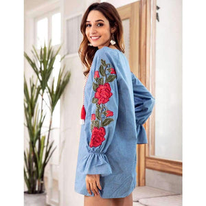 Planet Gates Blue / S Maxfresh   Autumn  V-neck Cowboy Blue Rope Embroidered Lantern Long Sleeved And Loose Dress