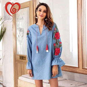 Planet Gates Blue / S Maxfresh   Autumn  V-neck Cowboy Blue Rope Embroidered Lantern Long Sleeved And Loose Dress