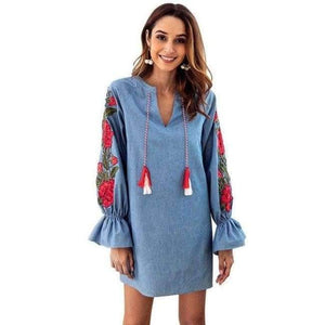 Planet Gates Blue / S Maxfresh   Autumn  V-neck Cowboy Blue Rope Embroidered Lantern Long Sleeved And Loose Dress