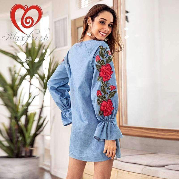 Planet Gates Blue / S Maxfresh   Autumn  V-neck Cowboy Blue Rope Embroidered Lantern Long Sleeved And Loose Dress