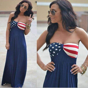 Planet Gates Blue / S New Sexy Strapless Maxi Dresses Summer American flag Beach Long Dress  For Women Boho Slim Event Party Sundress