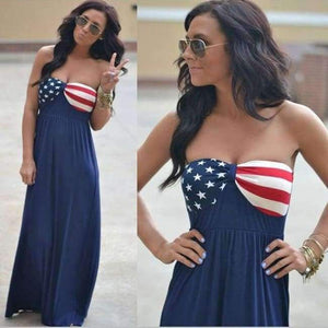 Planet Gates Blue / S New Sexy Strapless Maxi Dresses Summer American flag Beach Long Dress  For Women Boho Slim Event Party Sundress
