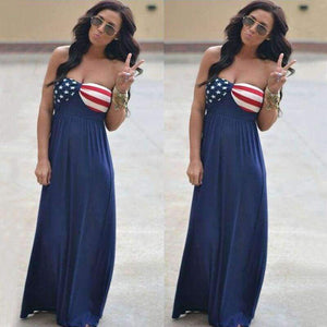 Planet Gates Blue / S New Sexy Strapless Maxi Dresses Summer American flag Beach Long Dress  For Women Boho Slim Event Party Sundress