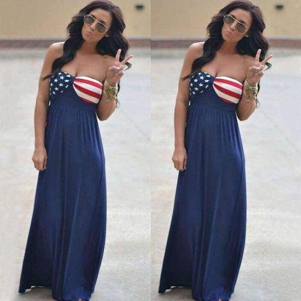 Planet Gates Blue / S New Sexy Strapless Maxi Dresses Summer American flag Beach Long Dress  For Women Boho Slim Event Party Sundress