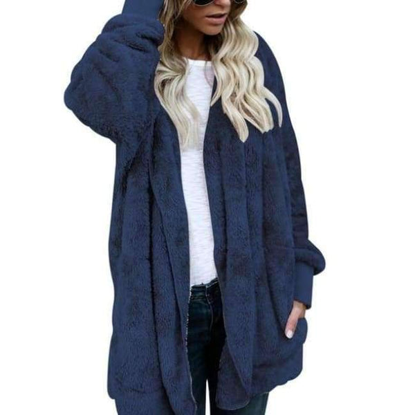 Planet Gates Blue / S New Year Spring Faux Fur Teddy Bear Coat Jacket Women Fashion Open Stitch Hooded Coat Female Long Sleeve Fuzzy Jacket