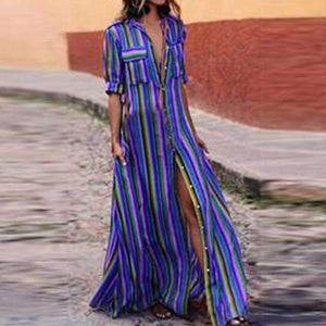 Planet Gates Blå / S NIBESSER Kvinder Sommer Strand Maxikjole 2018 Sexet Høj Split Sommerkjole Mode Farverig Stribet Print Boho Lang Festkjole Morgenkåbe
