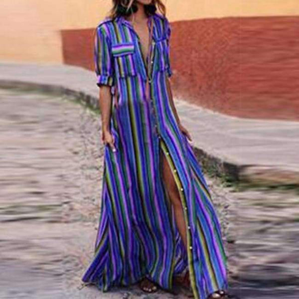 Planet Gates Blå / S NIBESSER Kvinder Sommer Strand Maxikjole 2018 Sexet Høj Split Sommerkjole Mode Farverig Stribet Print Boho Lang Festkjole Morgenkåbe