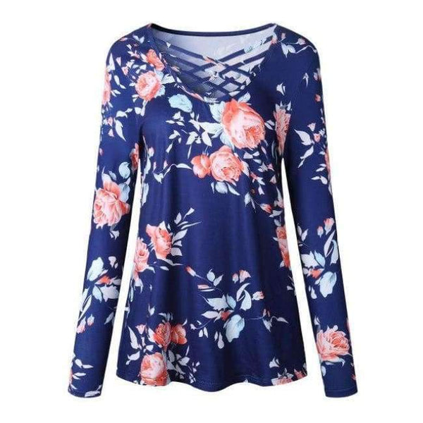 Planet Gates Blue / S Printed Floral V-Neck T-Shirt Women Tops Autumn Winter 2017 T Shirt Female Top Tees Casual Long Sleeve White Blue tshirt