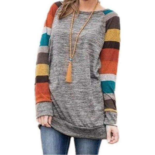 Planet Gates Blue / S Spring Autumn Tee Shirt Women Long Sleeve O Neck Striped Patchwrork T-Shirt Casual Loose Soft Warm Slim Tee Tops