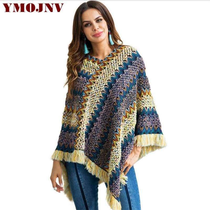 Planet Gates Blue / S Two Types Wear Oversized Women Sweaters And Pullovers Tassel Capes Knitted Sweater Colorful Shawl Poncho Female Jumper
