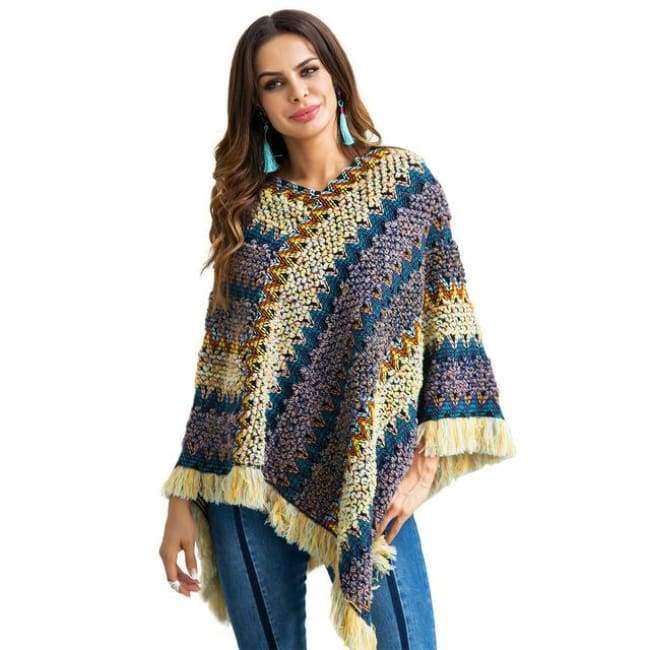 Planet Gates Blue / S Two Types Wear Oversized Women Sweaters And Pullovers Tassel Capes Knitted Sweater Colorful Shawl Poncho Female Jumper