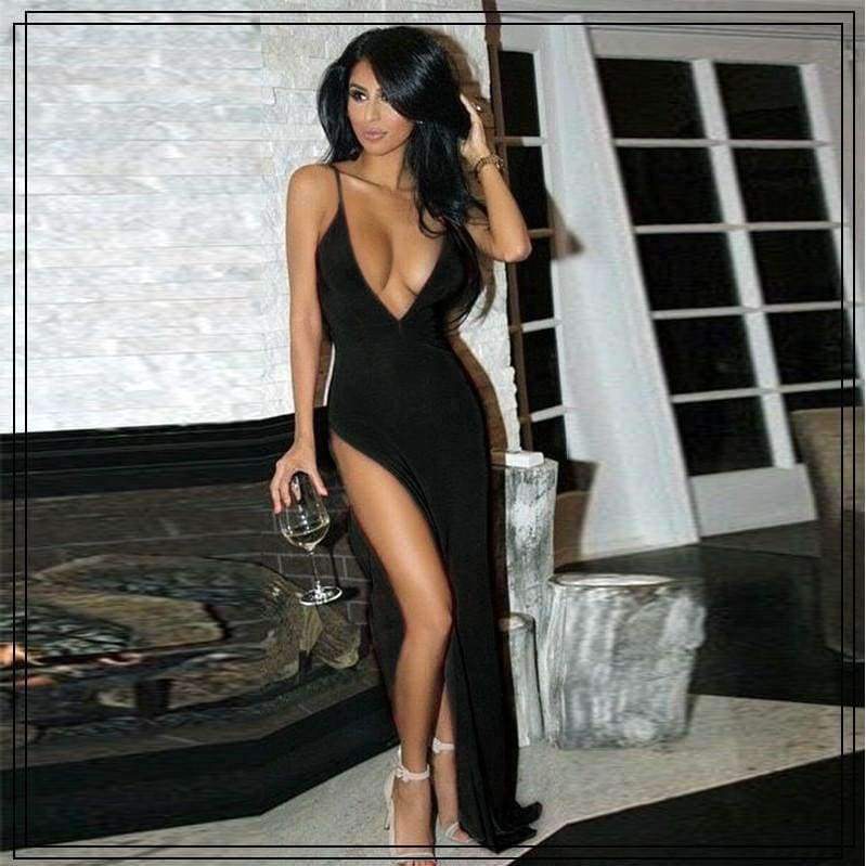 Planet Gates Blue / S Women Elegant Solid Maxi Dress Sleeveles Party Dress Evening Club Bodycon Sundress Clubwear High Slit Deep V Neck Sexy