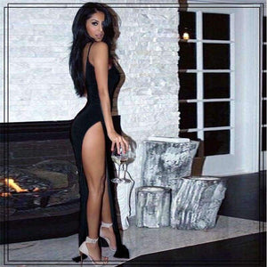 Planet Gates Blue / S Women Elegant Solid Maxi Dress Sleeveles Party Dress Evening Club Bodycon Sundress Clubwear High Slit Deep V Neck Sexy