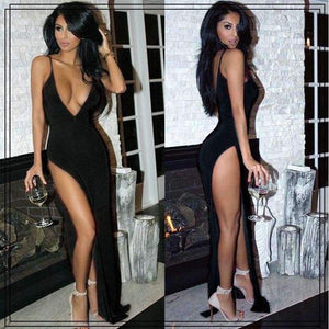 Planet Gates Blue / S Women Elegant Solid Maxi Dress Sleeveles Party Dress Evening Club Bodycon Sundress Clubwear High Slit Deep V Neck Sexy