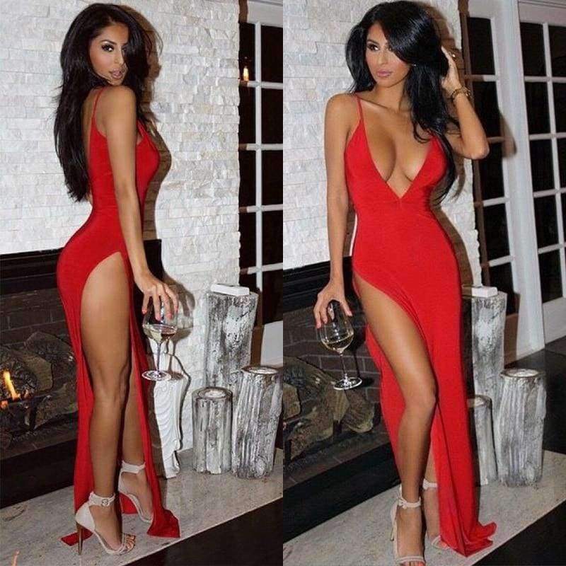 Planet Gates Blue / S Women Elegant Solid Maxi Dress Sundress Party Long Clubwear Dress Sleeveles High Slit Bodycon Evening Club Deep V Neck